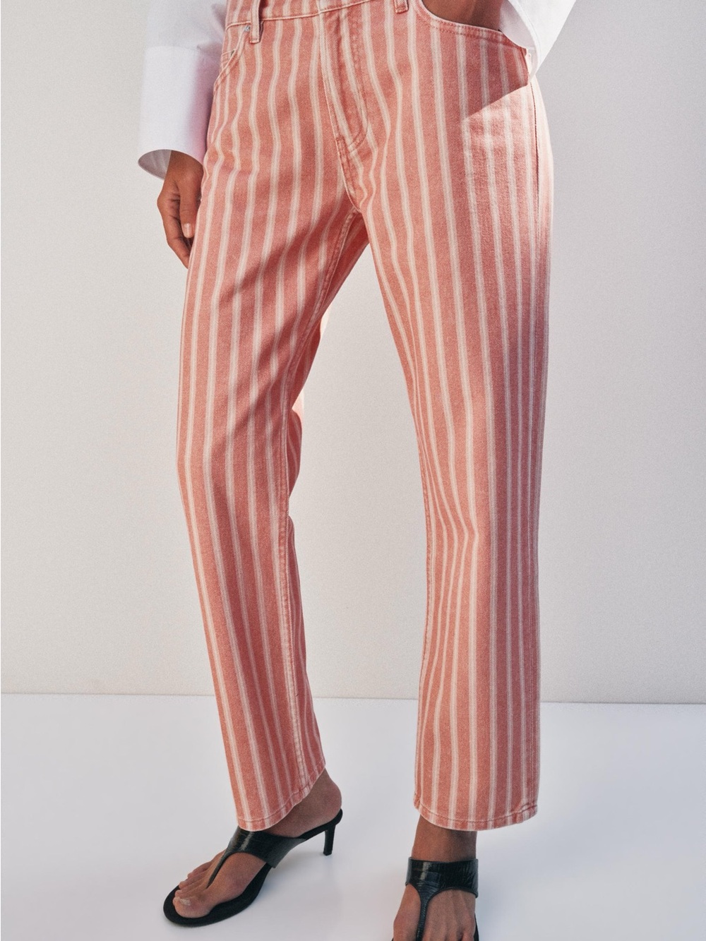 Zara ZW Collection Mid-Rise Striped Slim Jeans - Coral and pink striped